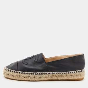Chanel Black Leather CC Espadrille Flats Size 38