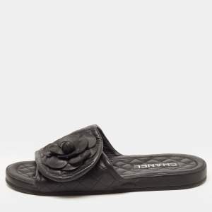 Chanel Black Quilted Leather Camelia CC Flat Slides Size 39