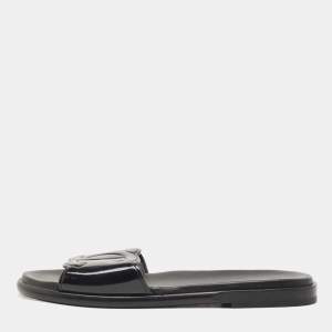 Chanel Black Patent Leather CC Flat Slides Size 39.5