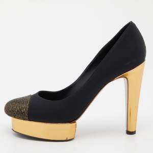 Pre Owned Chanel Black/Gold Satin, Lurex and Leather Cap Toe Block Heel Pumps Size 38.5