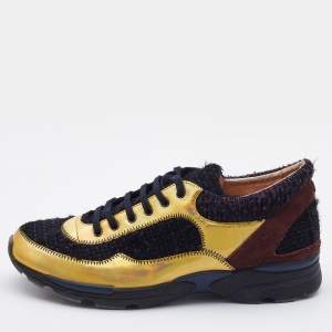 Pre Owned Chanel Multicolor Tweed,Leather and Suede CC Low-Top Sneakers Size 39