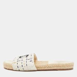 Chanel White/Navy Blue Tweed CC Espadrille Flat Slides Size 39