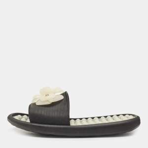 Pre Owned Chanel Black Rubber CC Camellia Flat Slides Size 40