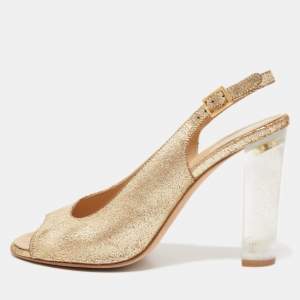 Chanel Gold Crackled Leather Glitter CC Lucite Heel Peep Toe Slingback Sandals Size 39
