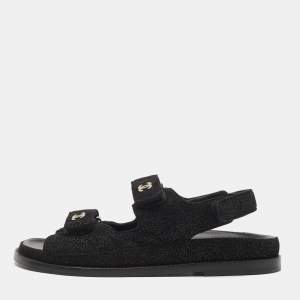 Pre Owned Chanel Black Glitter Suede Velcro Dad Sandals Size 37.5