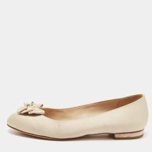 Pre Owned Chanel Beige Satin CC Embellished Bow Ballet Flats Size 38.5
