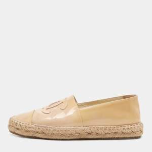 Chanel Beige Patent Leather CC Espadrille Flats Size 38