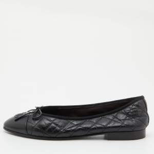 Chanel Black Leather Bow CC Cap Toe Ballet Flats Size 36.5