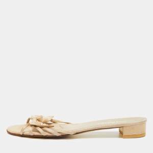 Pre Owned Chanel Beige Fabric CC Bow Strappy Flat Slides Size 38