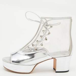 Chanel Silver Leather and PVC Open Toe Platform Ankle Booties Size 40