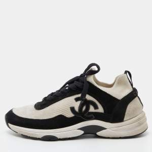 Chanel White/Black Knit Fabric and Suede CC Low Top Sneakers Size 40