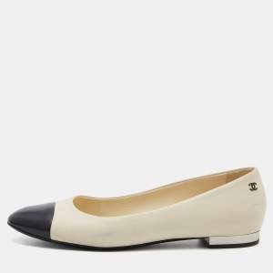 Chanel Cream/Black Leather CC Ballet Flats Size 39