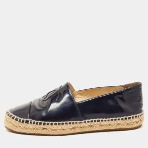 Chanel Navy Blue Patent Leather CC Espadrille Flats Size 36