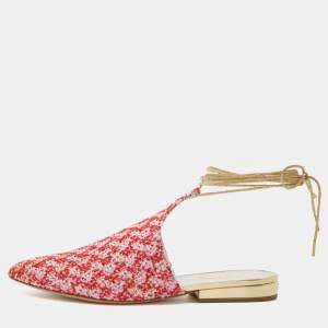 Pre Owned Chanel Red/Pink Tweed and Sequins Babouche Ankle Wrap Mules Size 38