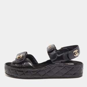 Chanel Black Quilted Leather Interlocking CC Logo Flat Sandals Size 36