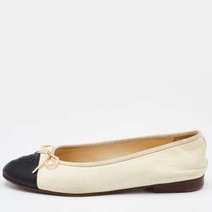 Chanel Beige/Black Leather CC Cap Toe Bow Ballet Flats Size 38