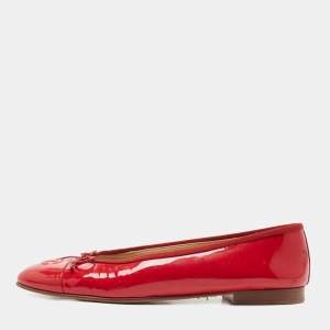 Pre Owned Chanel Red Patent  Leather CC Bow Ballet Flats Size 40.5