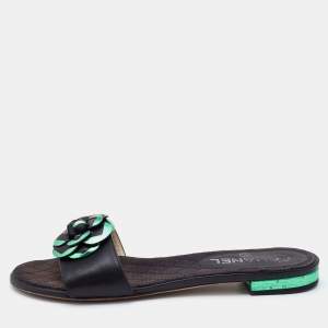 Chanel Black/Green Leather Camellia Accent Slides Size 39.5