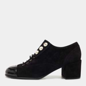 Chanel Black Suede and Patent Leather Pearl Detail Block Heel Oxford Ankle Booties Size 39