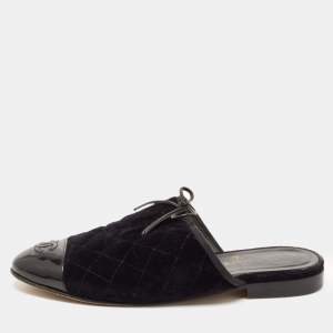 Pre Owned Chanel Black Quilted Velvet and Patent Cap Toe CC Bow Flat Mules Size 39