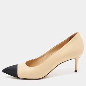 Chanel Beige/Black Leather and Fabric Cap Toe CC Pointed Toe Pumps Size 39