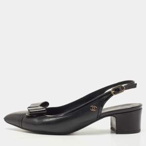 Pre Owned Chanel Black Leather Bow CC Slingback Pumps Size 36.5
