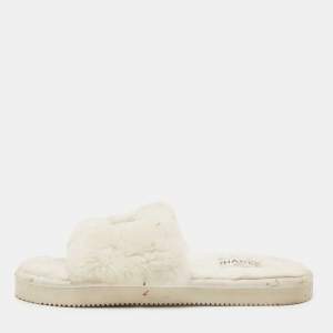 Pre Owned Chanel White Mink Fur CC Flat Slides Size 39