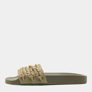 Chanel Green Canvas Tropiconic Chain Slides Flats Size 40