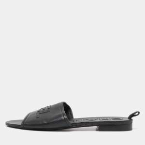 Pre Owned Chanel Black Leather Logo Flat Slides Size 38.5