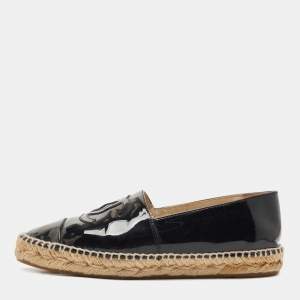 Chanel Black Patent Leather CC Espadrille Flats Size 38