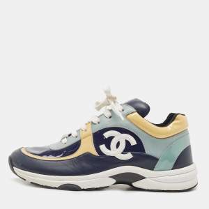 Pre Owned Chanel Tricolor Patent and Leather CC Low Top Sneakers Size 40