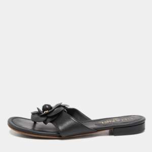 Chanel Black Leather CC Camellia Flat Thong Sandals Size 35.5