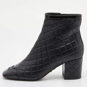 Chanel Black Quilted Leather and Patent Cap Toe CC Ankle Booties Size 39