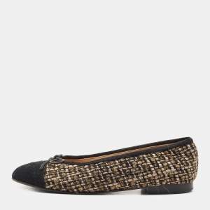 Chanel Two Tone Tweed CC Bow Ballet Flats Size 37.5
