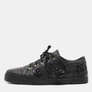 Pre Owned Chanel Black Leather CC Camelia Low Top Sneakers Size 41