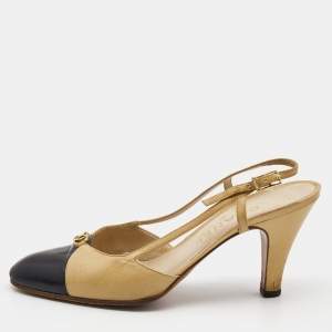Pre Owned Chanel Beige/Black Leather CC Slingback Pumps Size 38.5