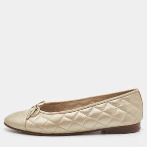 Pre Owned Chanel Gold Quilted Leather CC Cap Toe Bow Ballet Flats Size 39