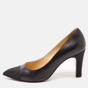 Chanel Black Leather And Canvas Cap Toe Pointed Toe Pumps Size 38.5