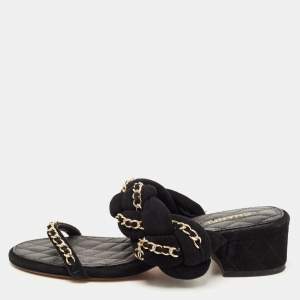 Chanel Black Suede Chain Embellished Slide Sandals Size 38