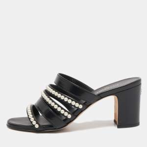 Chanel Black Leather Pearl Embellished Block Heel Slide Sandals Size 37