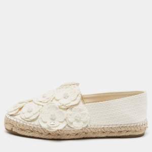 Pre Owned Chanel White Canvas CC Camellia Applique Espadrille Flats Size 39 