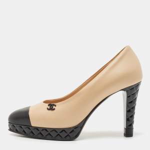 Chanel Beige/Black Leather CC Cap Toe Pumps Size 38