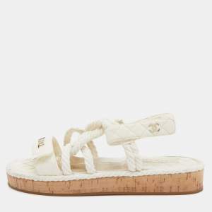 Chanel Ivory Cord and Leather Cork Flat Slingback Sandals Size 38