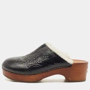 Chanel Black Leather and Fur Slip On Clogs Size 39