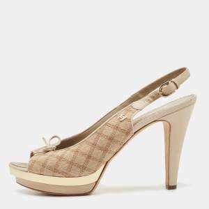 Chanel Cream/Beige Canvas And Leather CC Bow Peep Toe Platform Slingback Sandals Size 40.5
