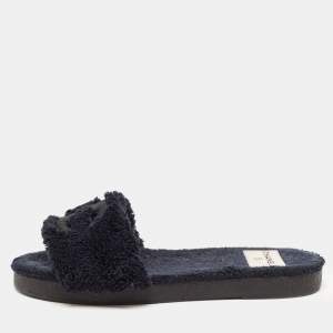 Chanel Navy Blue Shearling Fur CC Slide Flats Size 39