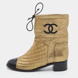 Chanel Gold Leather Quilted CC Logo Ankle Boots Size 38.5