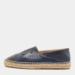 Pre Owned Chanel Navy Blue/Black Leather CC Cap Toe Espadrille Flats Size 40
