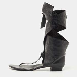 Pre Owned Chanel Black Leather Ankle Wrap Thong Sandals Size 39
