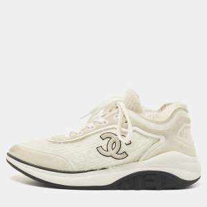 Chanel Two Tone Suede and Knit Fabric CC Low Top Sneakers Size 38